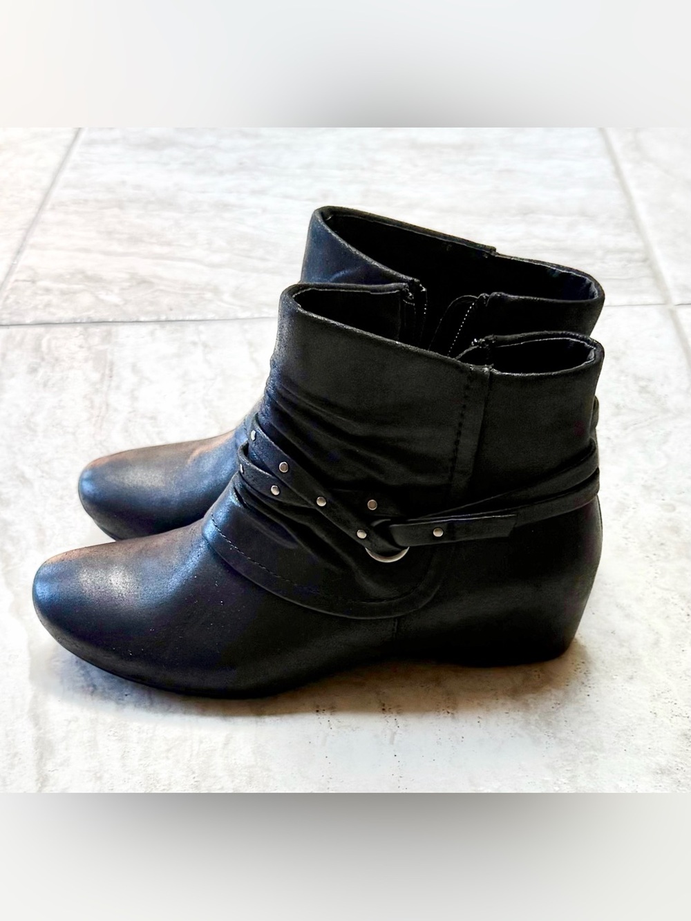 Skechers Black Women's Wedge Ankle Booties with Studded Strap